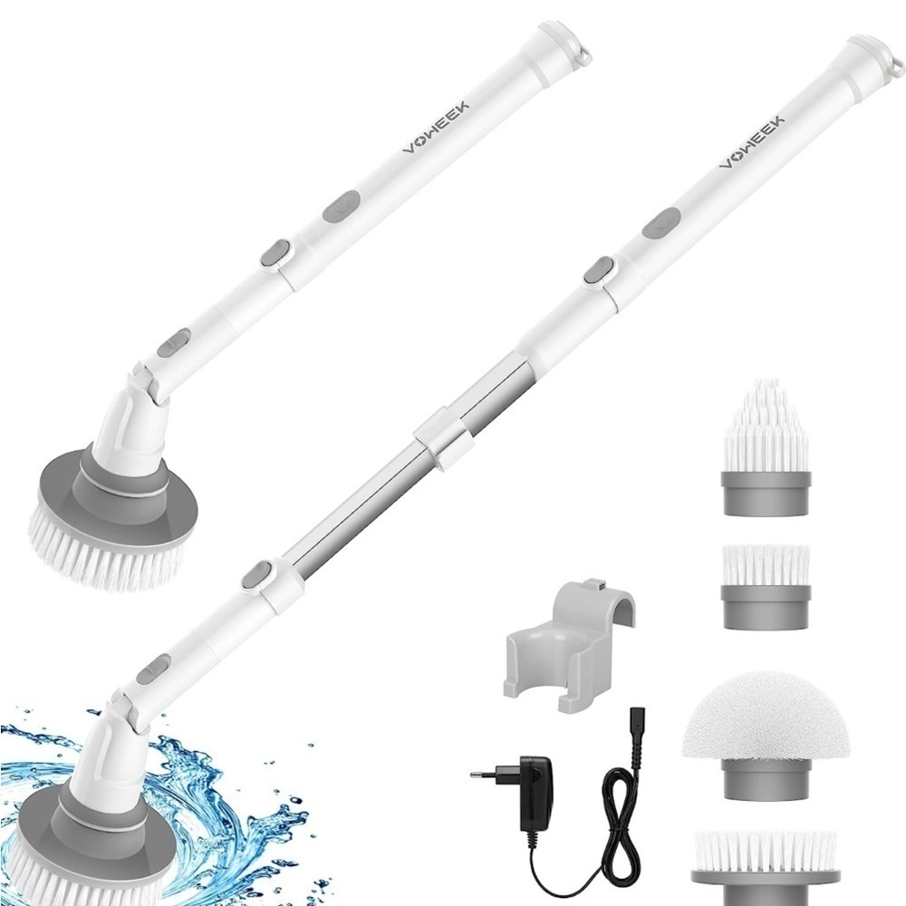 New Electric Spin Scrubber Cordless Adjustable Extension Arm 4 Cleaning Heads